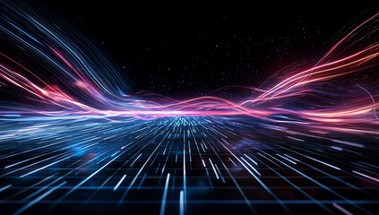 Poster - A vibrant digital landscape featuring flowing lines of light in blue, pink, and purple hues, creating a sense of depth and movement against a dark background.