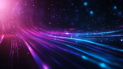 Poster - A vibrant, abstract digital background featuring flowing waves of purple and blue light, set against a starry dark backdrop. Ideal for tech themes and futuristic designs.
