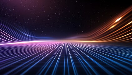 Poster - Abstract digital artwork featuring vibrant colorful lines converging in a dramatic perspective, creating a sense of motion and depth against a cosmic background.