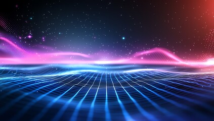 Poster - A vibrant digital landscape showcasing a colorful wave of neon lights and grid patterns. This abstract image represents innovation, creativity, and the future of technology.