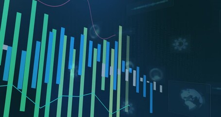 Poster - Animation of colorful bar and line graphs on dark digital background