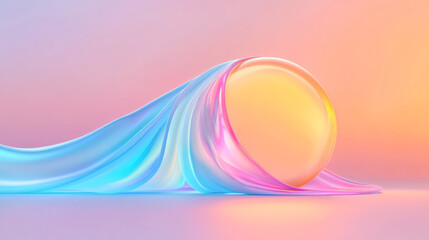 Poster - Hyperreal digital illustration of a futuristic scene where iridescent fabric floats around a