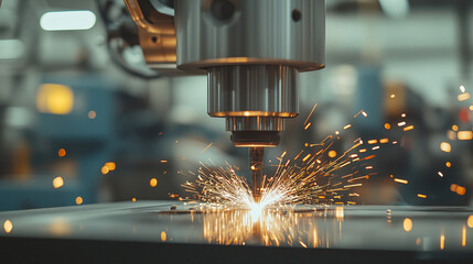Poster - Sparking Innovation: A close-up shot of a precision machine tool in action, showcasing a controlled cutting process, igniting sparks as it shapes metal with exceptional accuracy and efficiency.