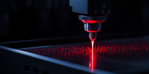 Poster - Laser Precision: A close-up shot of a laser machine, its beam of intense red light cutting through a material in a high-tech manufacturing environment.