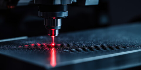 Poster - Precision in Motion: A close-up shot of a laser cutting machine at work, the red beam etching intricate patterns into a metal surface, showcasing technological advancement and industrial process.