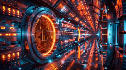 Poster - A captivating visualization of a high tech tunnel filled with illuminated Bitcoin symbols, showcasing an innovative blend of blockchain and digital currency concepts in a vibrant environment.