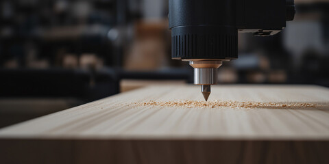 Poster -  Precision Carving: A close-up shot of a CNC machine precisely carving into a wooden surface, demonstrating the seamless blend of technology and craftsmanship