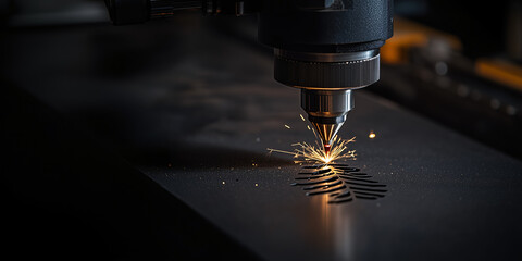 Poster - Laser Cutter in Action: The image captures a laser cutter precisely shaping metal with bright sparks and intense focus, demonstrating the power of technology in industry.
