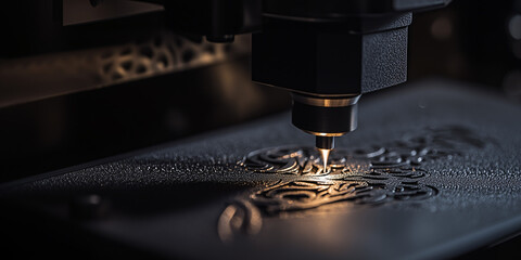 Poster - CNC Engraving Process: A close-up view of a CNC machine precisely engraving intricate designs onto a metallic surface, highlighting the advanced technology and industrial precision.