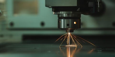 Poster - Precision Cutting: A close-up of a laser cutter in action, creating sparks as it precisely cuts through a metal sheet. Showcasing cutting-edge technology, innovation and industry