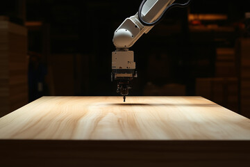 Poster - Robotic Precision in Manufacturing: A close-up view of a robotic arm performing a precise task, with a wood surface underneath, the scene illuminated by focused lighting