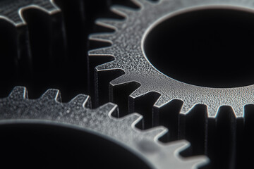 Poster - Interlocking Gears: A close-up shot showcases the meshing of metal gears, symbolizing intricate mechanisms and coordinated processes, conveying themes of teamwork, progress.
