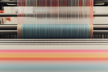 Poster - Industrial Loom: Close-up of an industrial loom, showcasing colorful threads weaving together to create textiles, a symbol of creation and craftsmanship