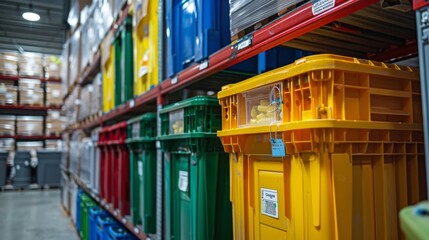 Poster - A variety of colorful storage containers are neatly arranged on shelves in a well lit warehouse, showcasing an organized inventory management system.