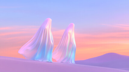 Poster - A conceptual digital design featuring ethereal holographic fabric floating in mid-air, bathed in
