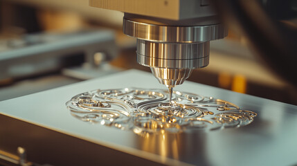 Poster - Precision Craftsmanship: A close-up shot captures the intricate process of a CNC machine meticulously carving a detailed design onto a metal surface.