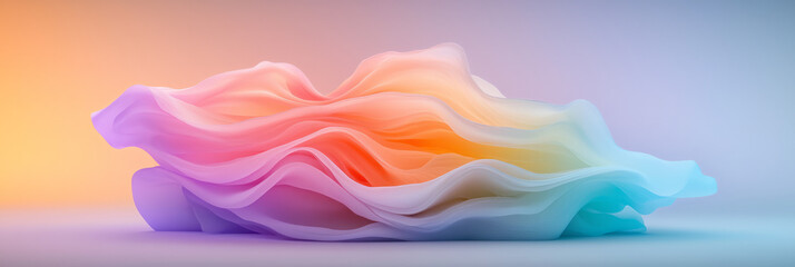 Poster - A sleek, minimalist digital scene where holographic fabric floats delicately against a pastel