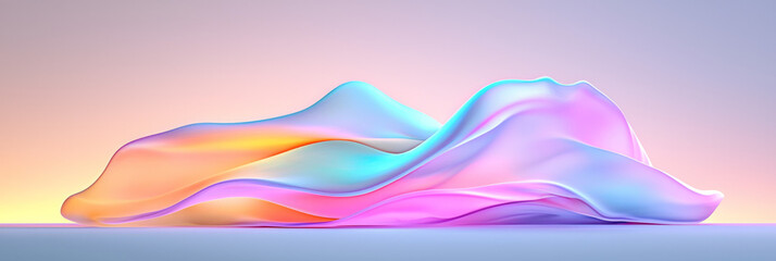 Poster - a sleek, minimalist digital scene where holographic fabric floats delicately against a pastel