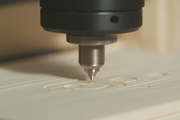 Poster - Precise Engineering: Close-up shot of a CNC machine precisely carving intricate designs into a wooden surface, showcasing the intersection of technology and craftsmanship.