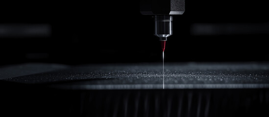 Poster - Precision Cutting: A close-up of a laser cutting machine in action, the focused beam of light  slicing through a metal sheet with precision, leaving a fine line of melted material in its wake.