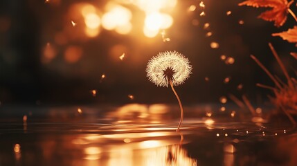 Poster - A single dandelion seed floating in the air, with a blurred background