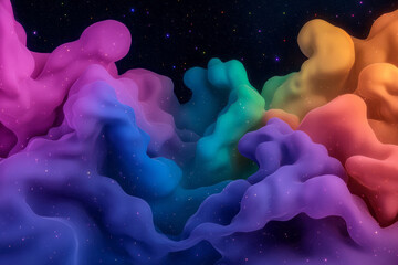 Poster - An immersive abstract digital rendering capturing fluid, multi-colored particles softly illuminated