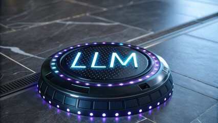 Poster - LLM, large language model conceot, Futuristic LLM display on sleek surface with glowing lights