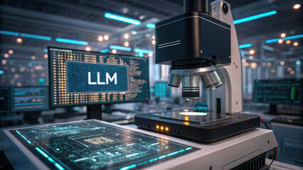 Poster - LLM, large language model conceot, High tech microscope analyzing data in modern lab environment