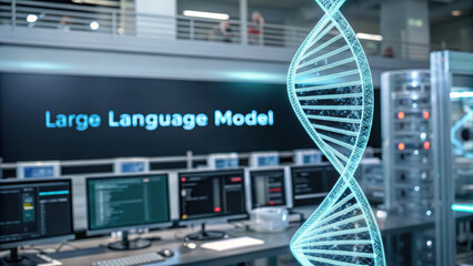 Poster - LLM, large language model conceot, 3D DNA strand with AI analysis in tech lab environment