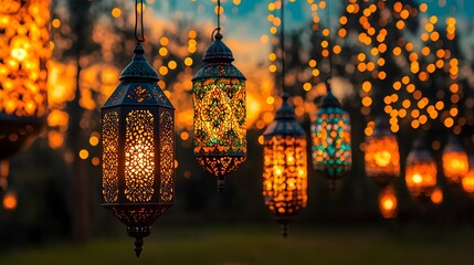 Poster - Colorful Lanterns Glow in a Festive Evening with Warm Background