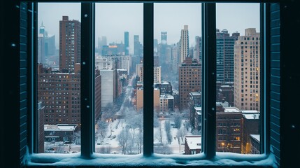 Fototapete - A view through a window overlooking a quiet, snow-covered cityscape