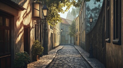 Poster - A vintage street scene with cobblestone streets and antique street lamps