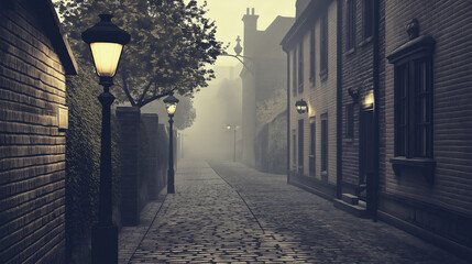 Poster - A vintage street scene with cobblestone streets and antique street lamps