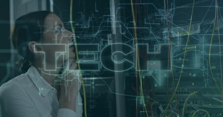  - Contemplating animation, person analyzing digital tech graphics and network connections