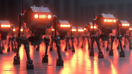 Poster - Futuristic Robots in Formation with Glowing Eyes and Metallic Bodies