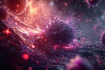 Poster - Colorful Close-Up of a Virus Under a Microscope in a Digital Art Style