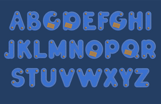Decorative denim kids font. Blue textile capital letters, orange stitching, indigo jeans alphabet, textured abc design. Fabric patches, english alphabet, casual lettering splendid vector set