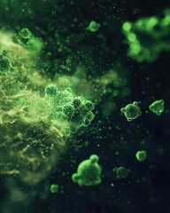 Poster - Close-up View of Green Microorganisms in Dark Space Environment