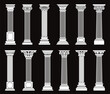 © YummyBuum - Antique columns silhouettes. Ancient flat pillars, black and white colors icons, greek classic architecture elements, minimalistic isolated decorative elements for buildings nowaday vector set