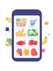 Fototapete - Stylized flat design of an online grocery order summary displayed on a digital screen with colorful vegetables and fruits