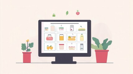 Fototapete - Stylized flat design illustration of an online grocery order summary displayed on a digital screen in a modern setting