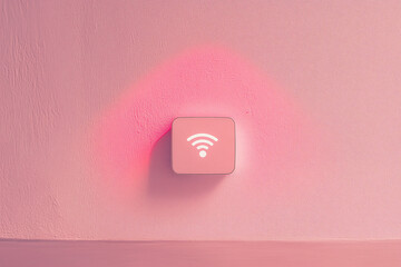 Poster - Wireless Connection: A square light with a wireless icon mounted on pink wall, emitting a soft, ethereal glow, symbolizing connectivity and the seamless integration of technology. 