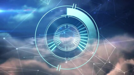Poster - Animation of futuristic digital interface with circular patterns in cloudy sky