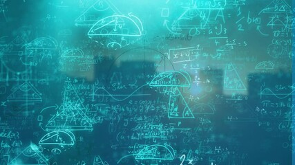 Poster - Animation of mathematical equations and diagrams overlaying blue background in school