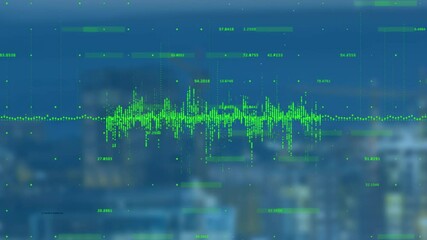 Poster - Animation of green data points forming graph over blurred cityscape background