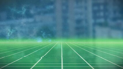 Poster - Futuristic animation with green grid pattern extending towards blurred blue background