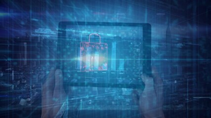 Poster - Hands holding tablet with digital lock animation over futuristic blue background