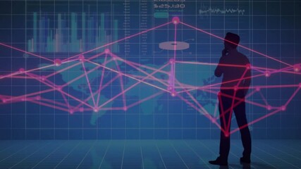 Poster - Analyzing data with global network connections, person in silhouette with animation