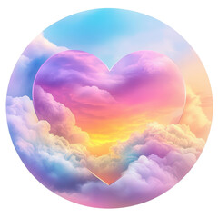 Wall Mural - Cloud Heart: A heart-shaped cloud formation floats serenely within a circle of other fluffy clouds, painted with vibrant colors, reflecting the beauty of a sunrise or sunset. 