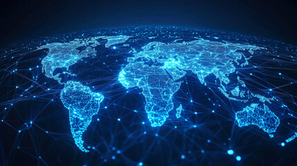 Poster - Polygonal map. Digital globe map, blue polygons earth maps and world internet connection 3d grid. Global earth map, geography mapping futuristic atlas vector concept illustration